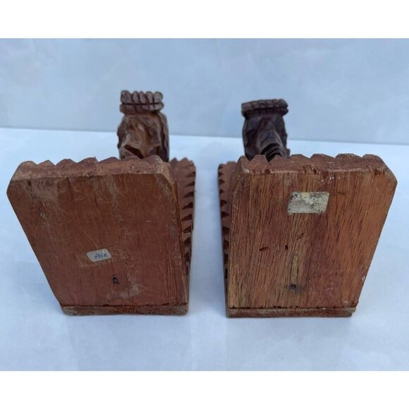 Vintage Bookends Pair Carved Wood Shelf Art Tribal Hand Crafted Brown 4.5x7" - Picture 6 of 11